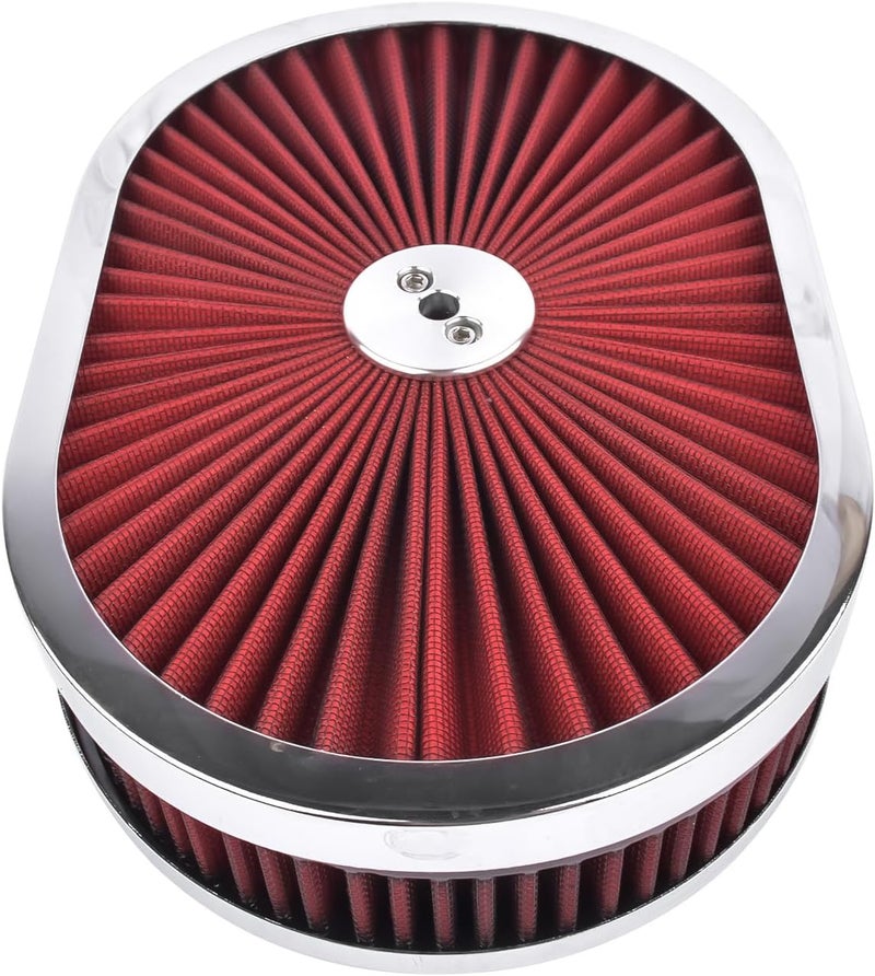 TEKKOAUTO 12" x 2'' Oval Super Flow Thru Air Cleaner with Washable Red Element Chrome Trim for 5-1/8" Carb Neck - Image 4